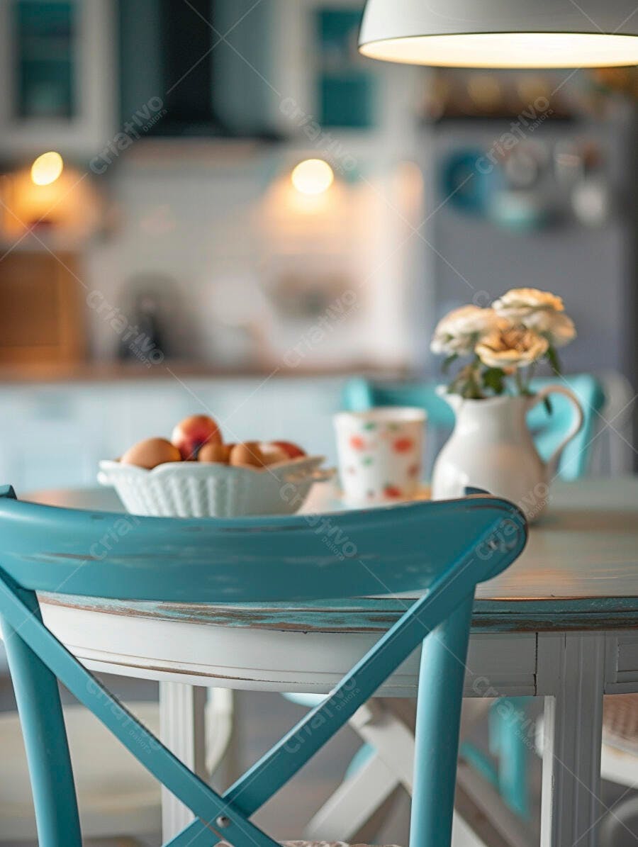 Mesa de cozinha rústica com ovos e flores em tons turquesa e branco