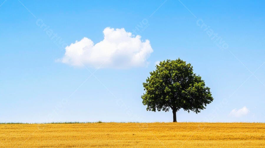 Árvore solitária em campo dourado sob céu azul com nuvem branca