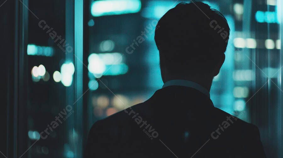 Homem de negócios em silhueta observa luzes azuis da cidade à noite