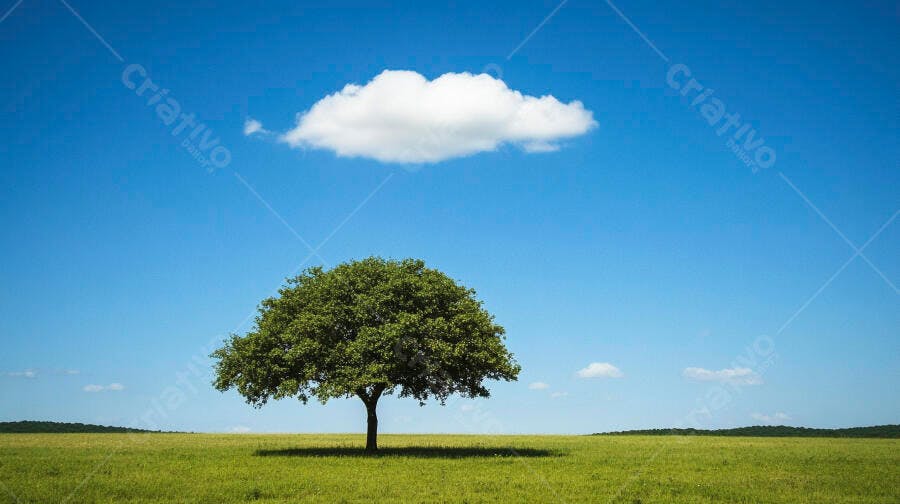 Árvore solitária em campo verde sob céu azul com nuvem branca