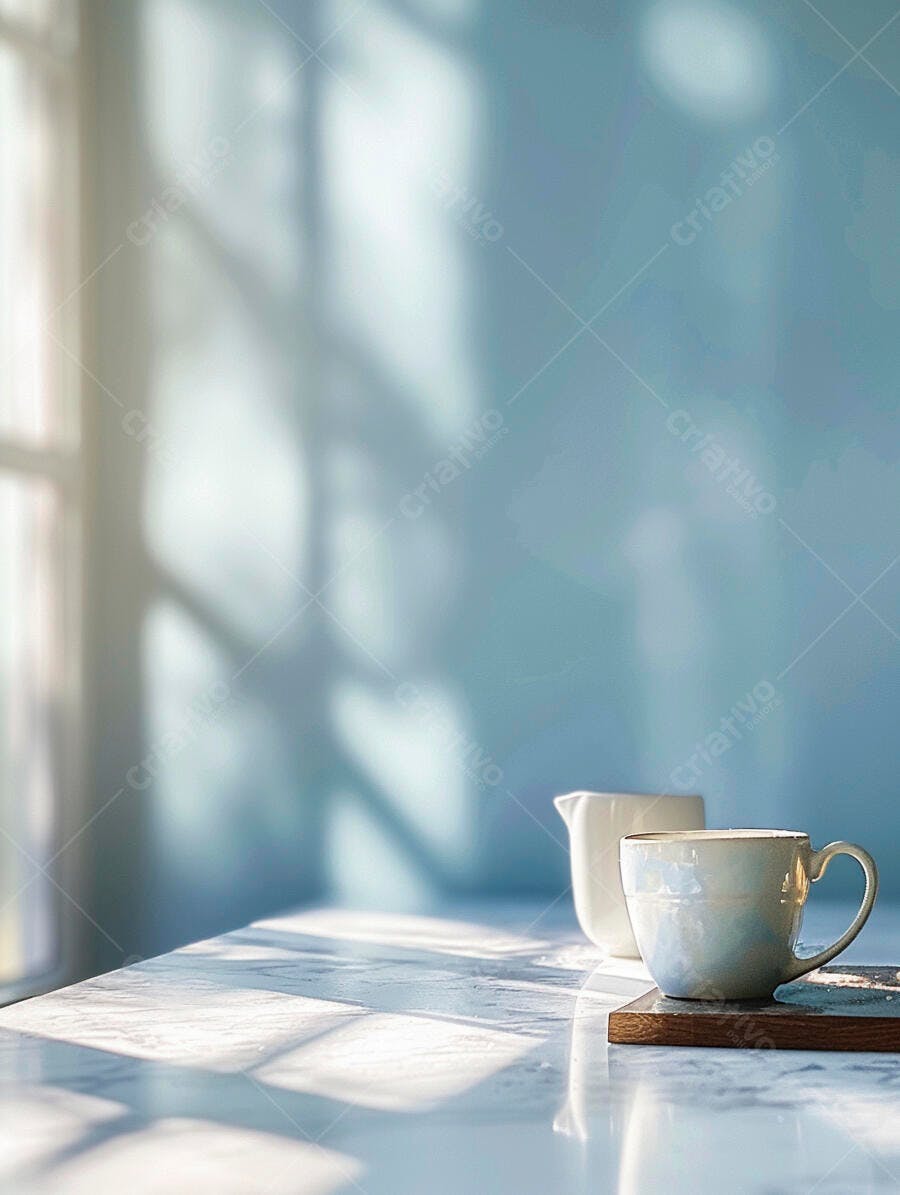 Xícara e jarra brancas sobre mesa clara com luz solar matinal