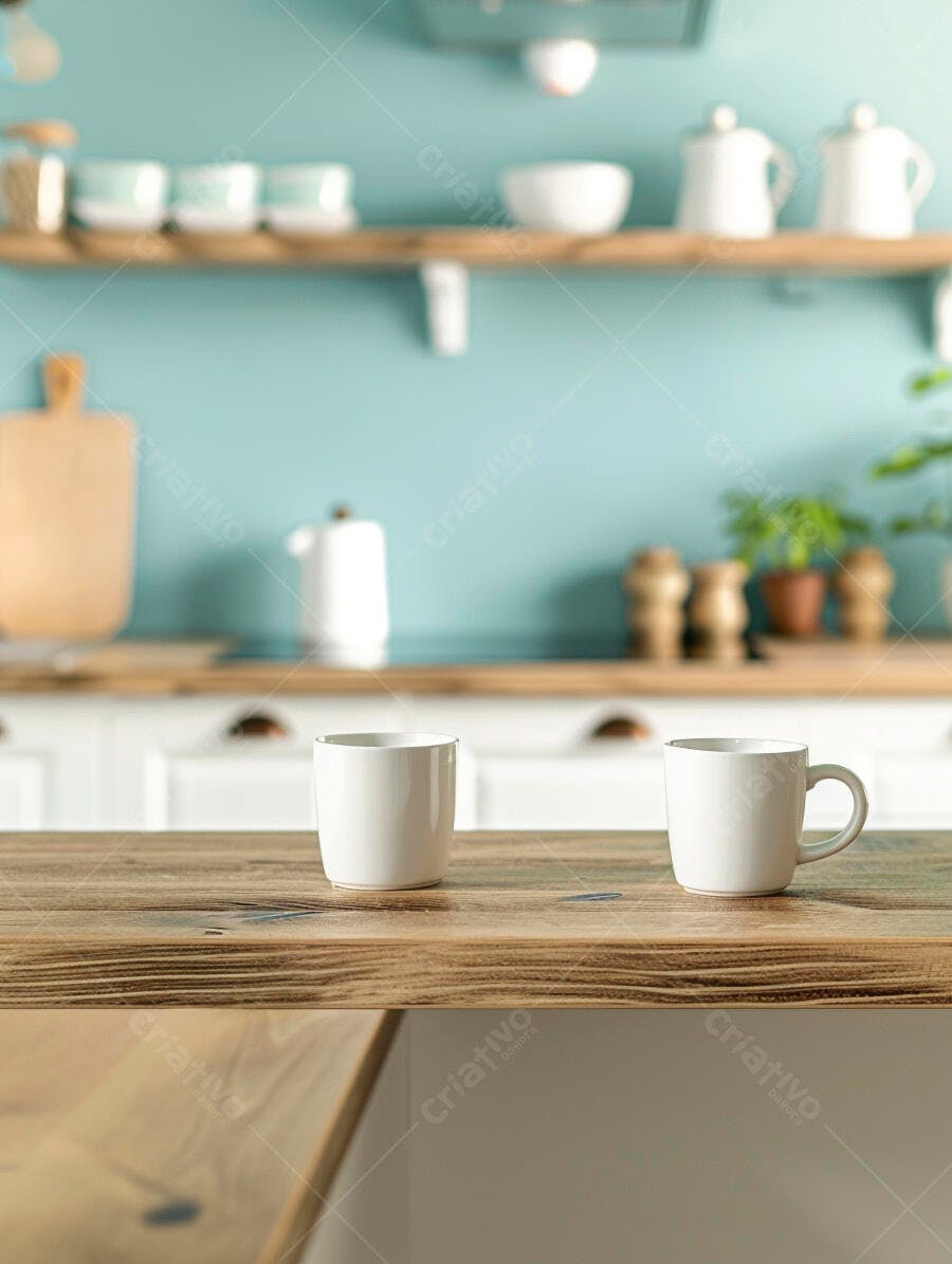 Duas mugs brancas em bancada de madeira cozinha moderna azul