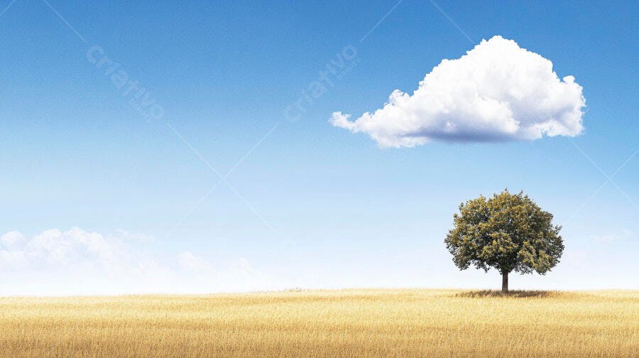 Árvore solitária em campo dourado sob céu azul com nuvem branca