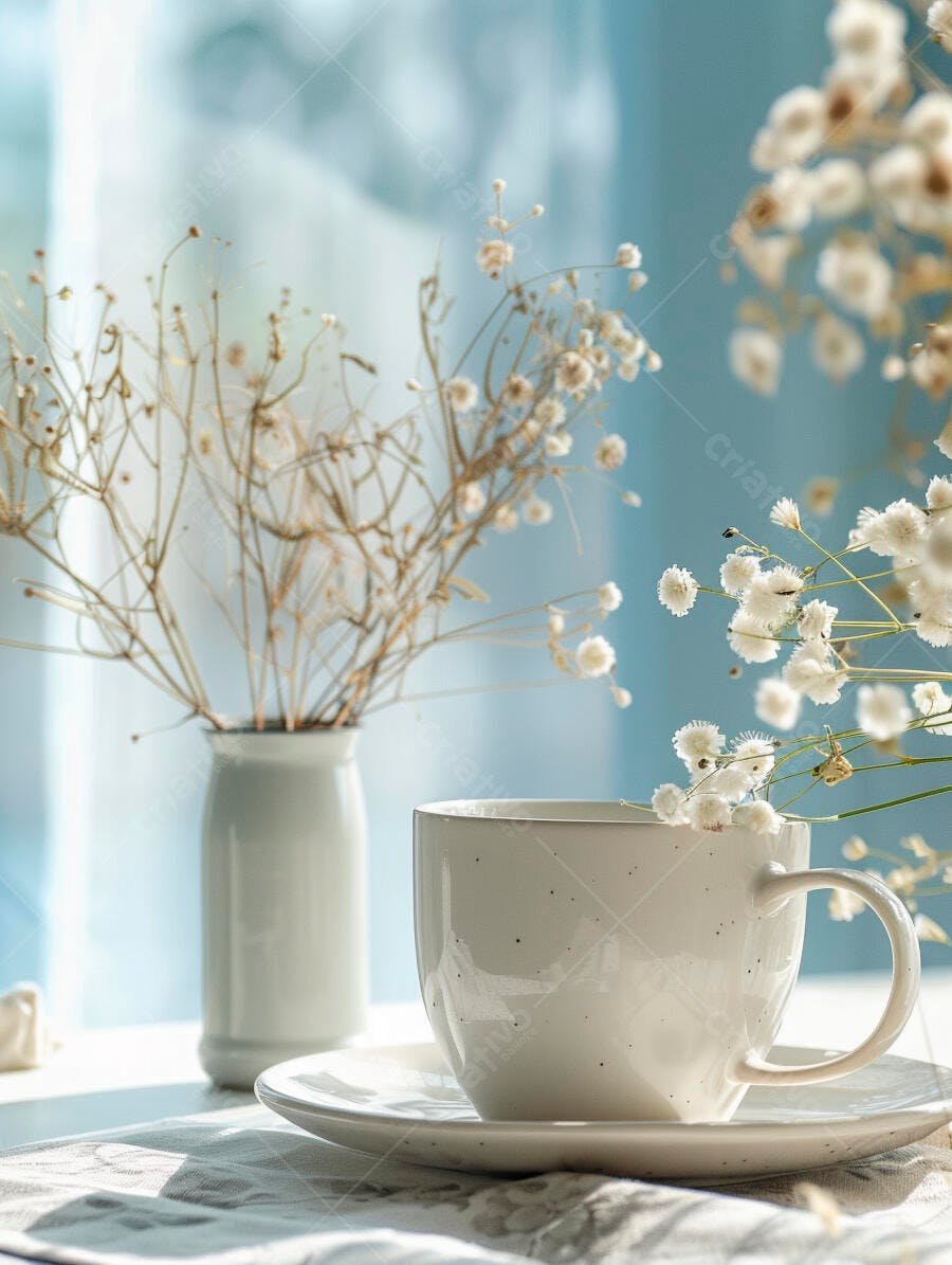 Caneca branca com flores secas e mosquitinho em ambiente sereno