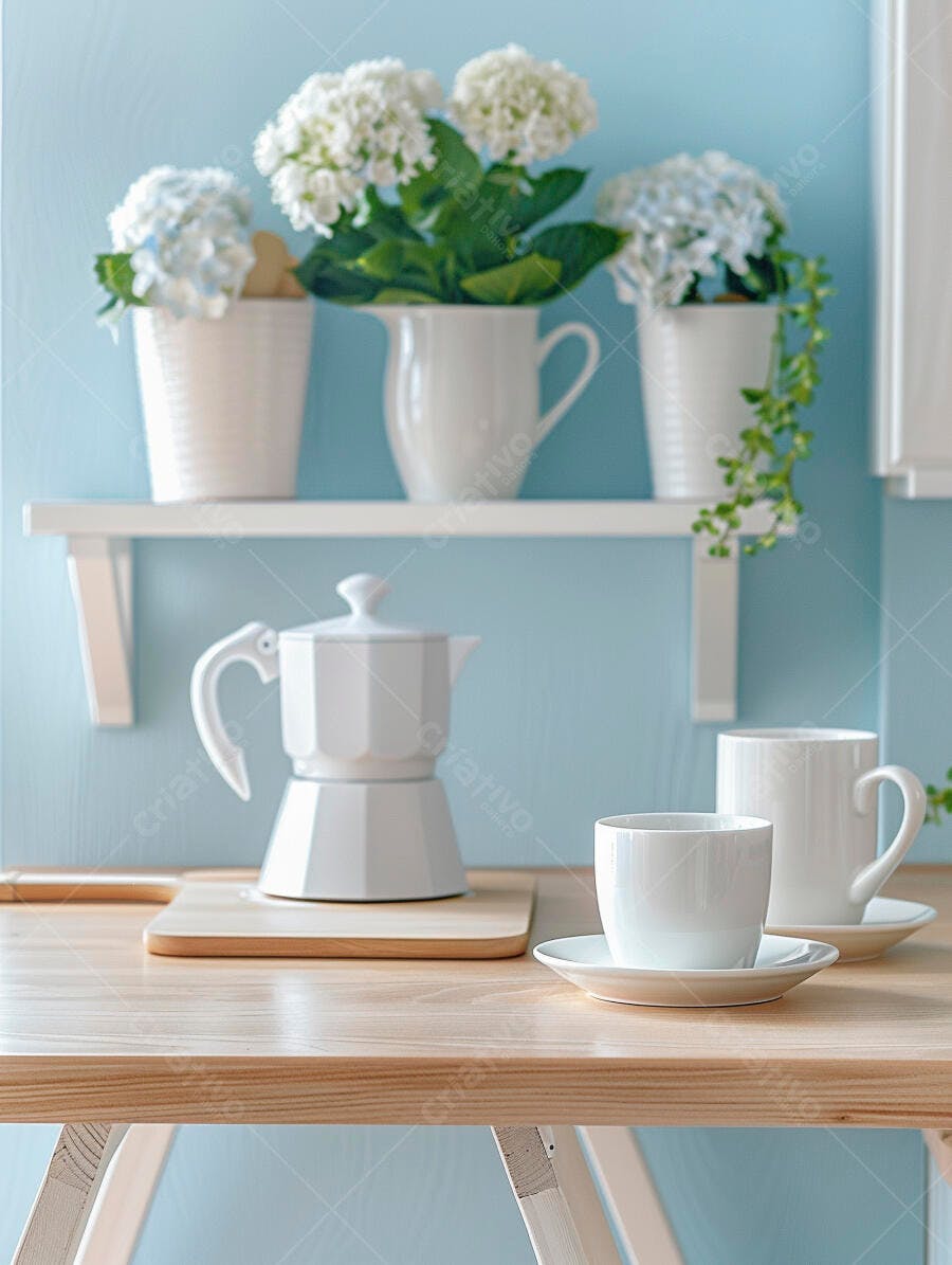 Cafeteira branca xícaras e hortênsias azuis em mesa de madeira ambiente azul