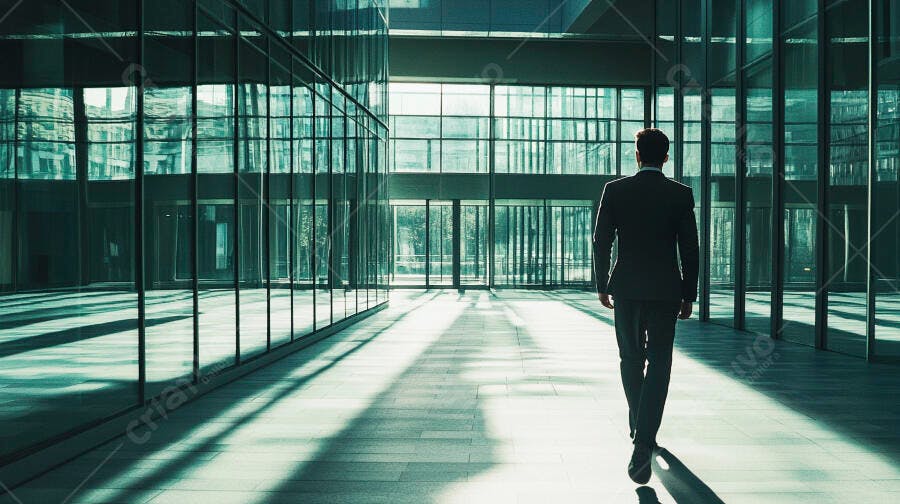 Homem de terno caminhando em corredor de prédio corporativo moderno com luz solar