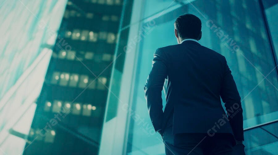 Homem de terno azul observando arranha-céu de vidro moderno na cidade