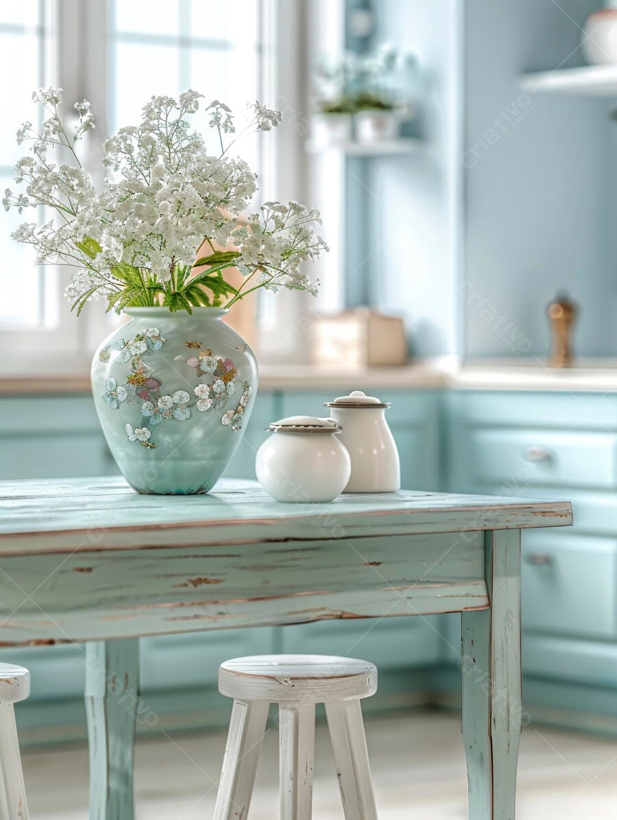 Vaso de flores brancas sobre mesa rústica em cozinha azul pastel