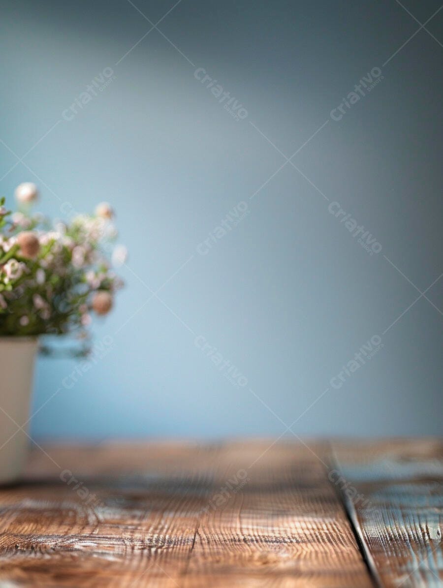 Mesa de madeira rústica com flores brancas em vaso fundo azul suave