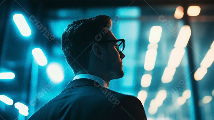 Homem profissional de terno e óculos observando luzes azuis futuristas