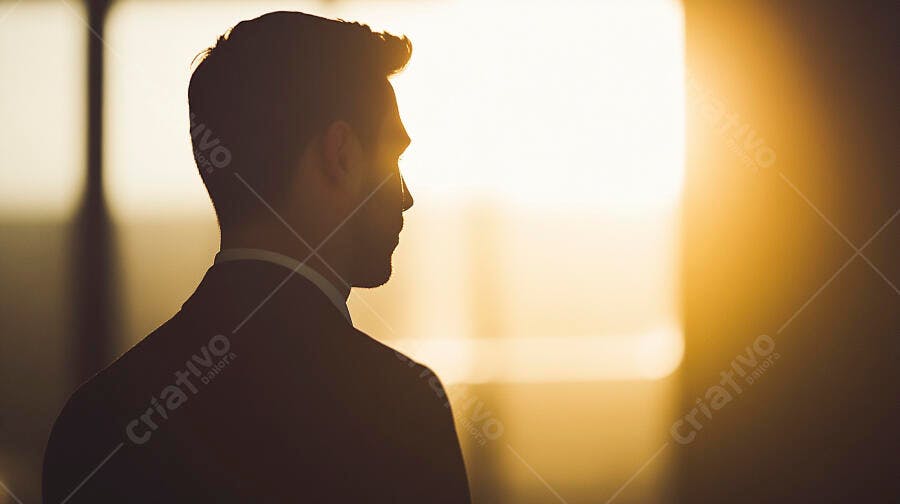 Homem de negócios em silhueta olhando o pôr do sol dourado no escritório