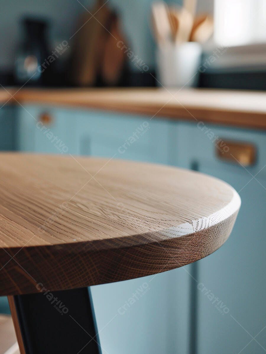 Mesa de madeira redonda em cozinha moderna com bancada azul