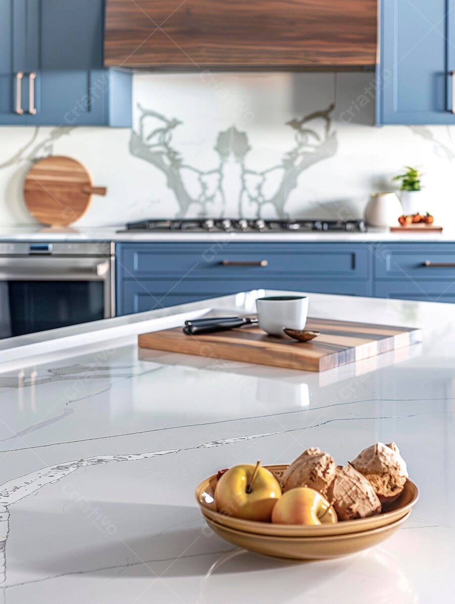 Cozinha moderna com balcão de quartzo branco e armários azuis