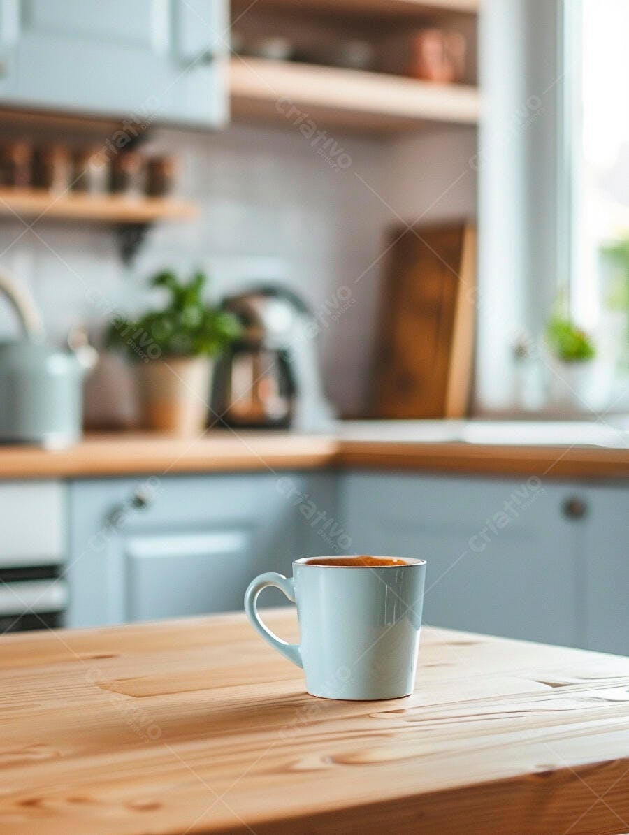 Caneca de café azul em mesa de madeira na cozinha moderna