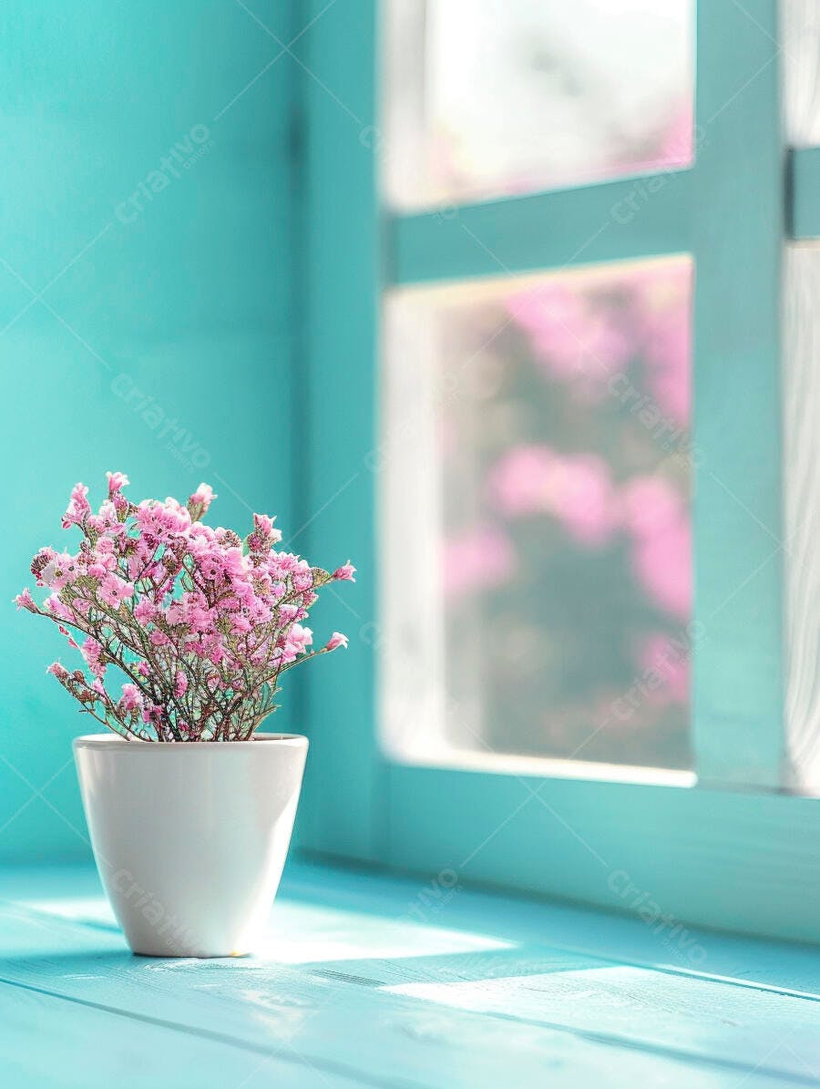 Vaso de flores rosa em mesa turquesa junto a janela iluminada