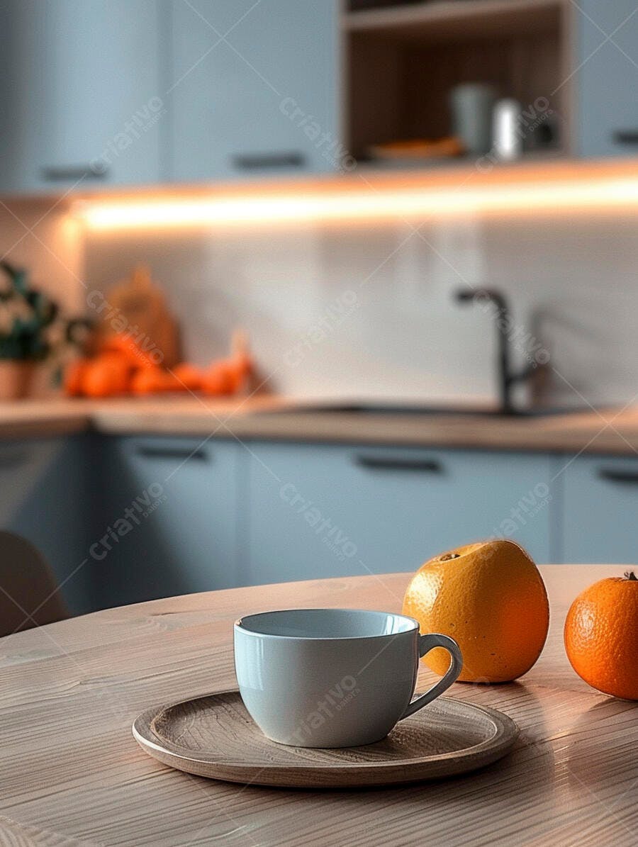 Xícara cinza clara sobre mesa de madeira com laranjas na cozinha moderna