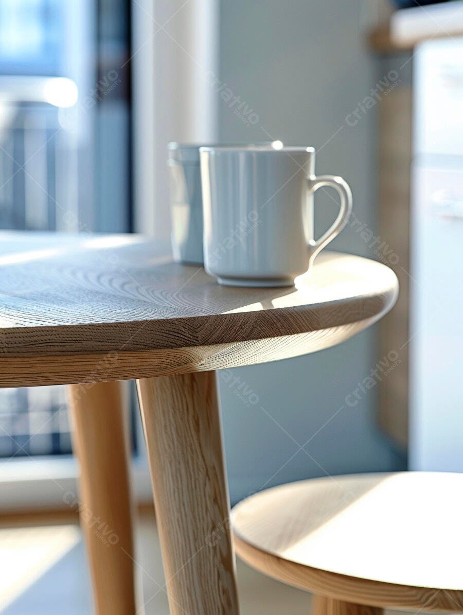 Caneca branca de cerâmica em mesa de madeira clara com luz natural
