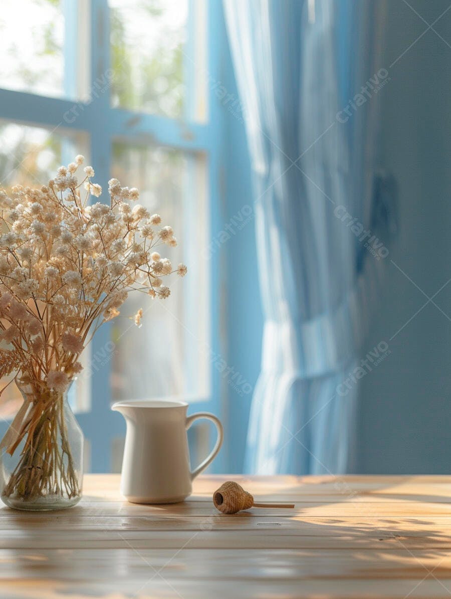 Flores gypsophila secas e jarra branca em mesa janela ensolarada