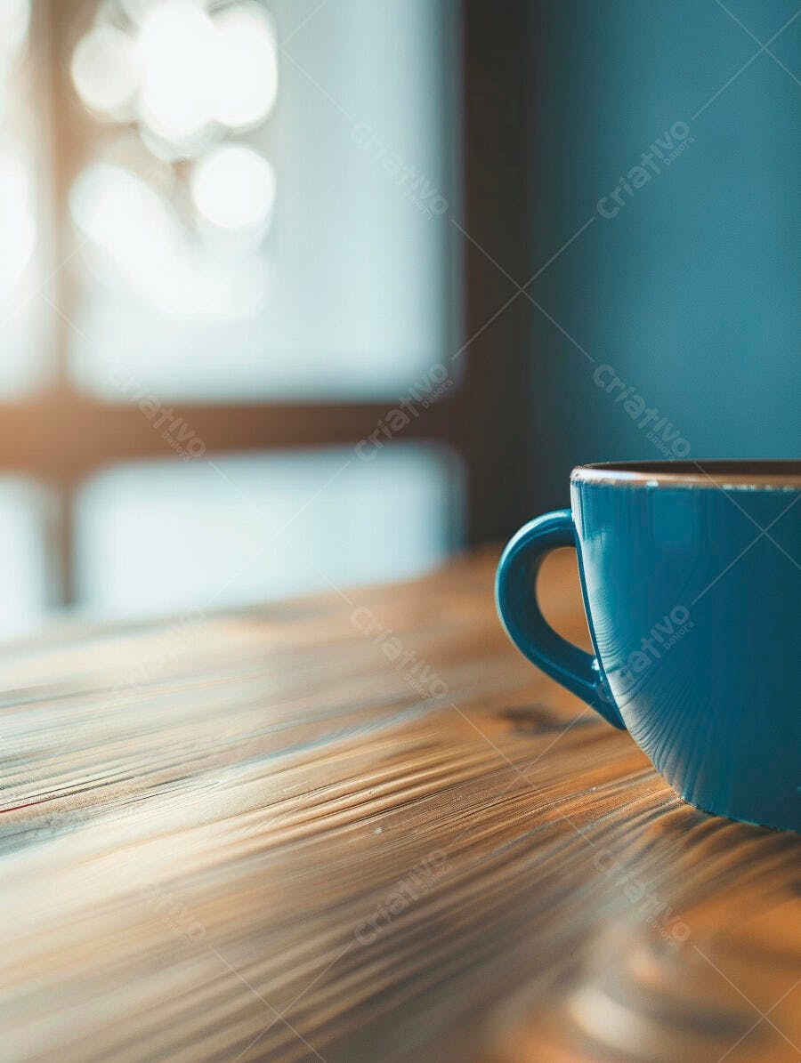 Caneca azul em mesa de madeira à luz natural da janela