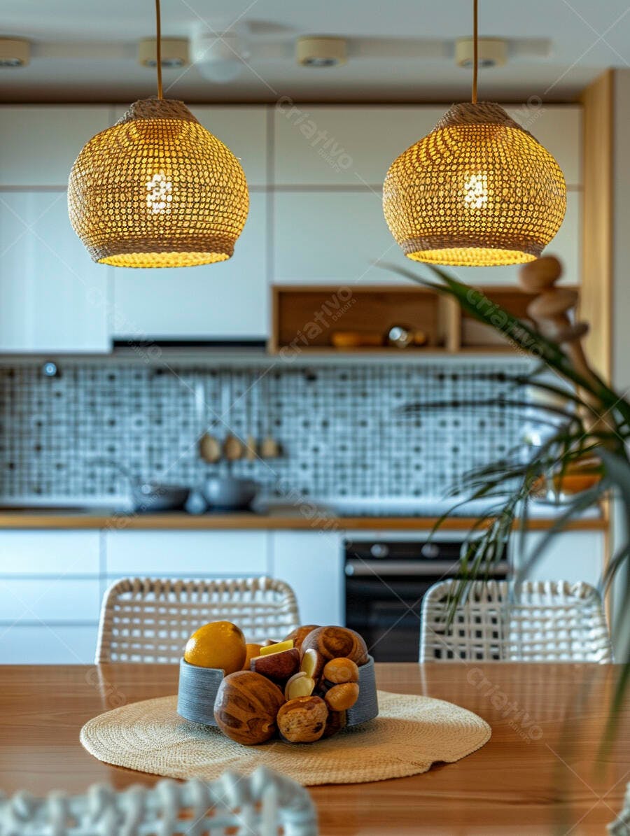 Cozinha moderna com pendentes de palha e fruteira na mesa de jantar