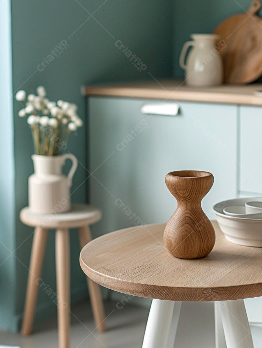 Cozinha moderna minimalista com vaso de madeira e flores brancas