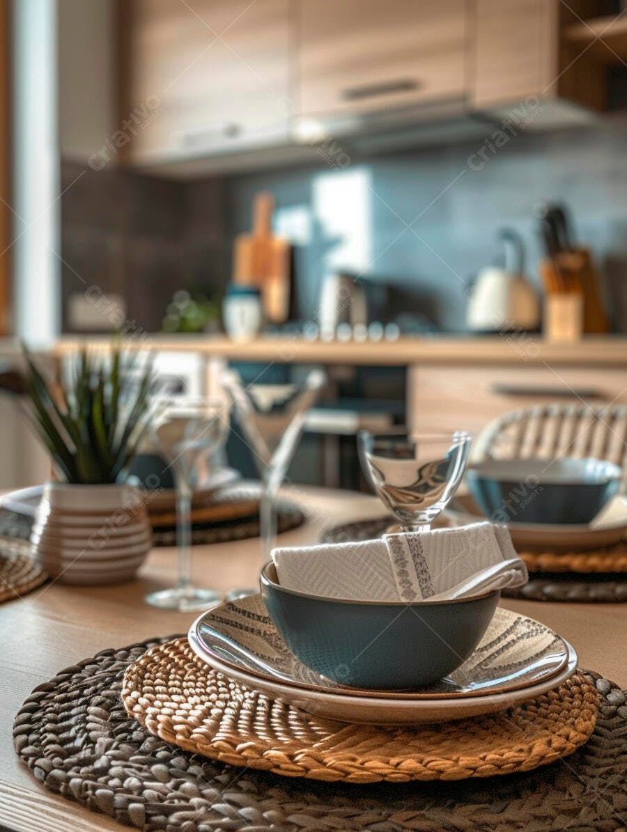 Jogo de louça rústico na mesa pronta para refeição em cozinha moderna