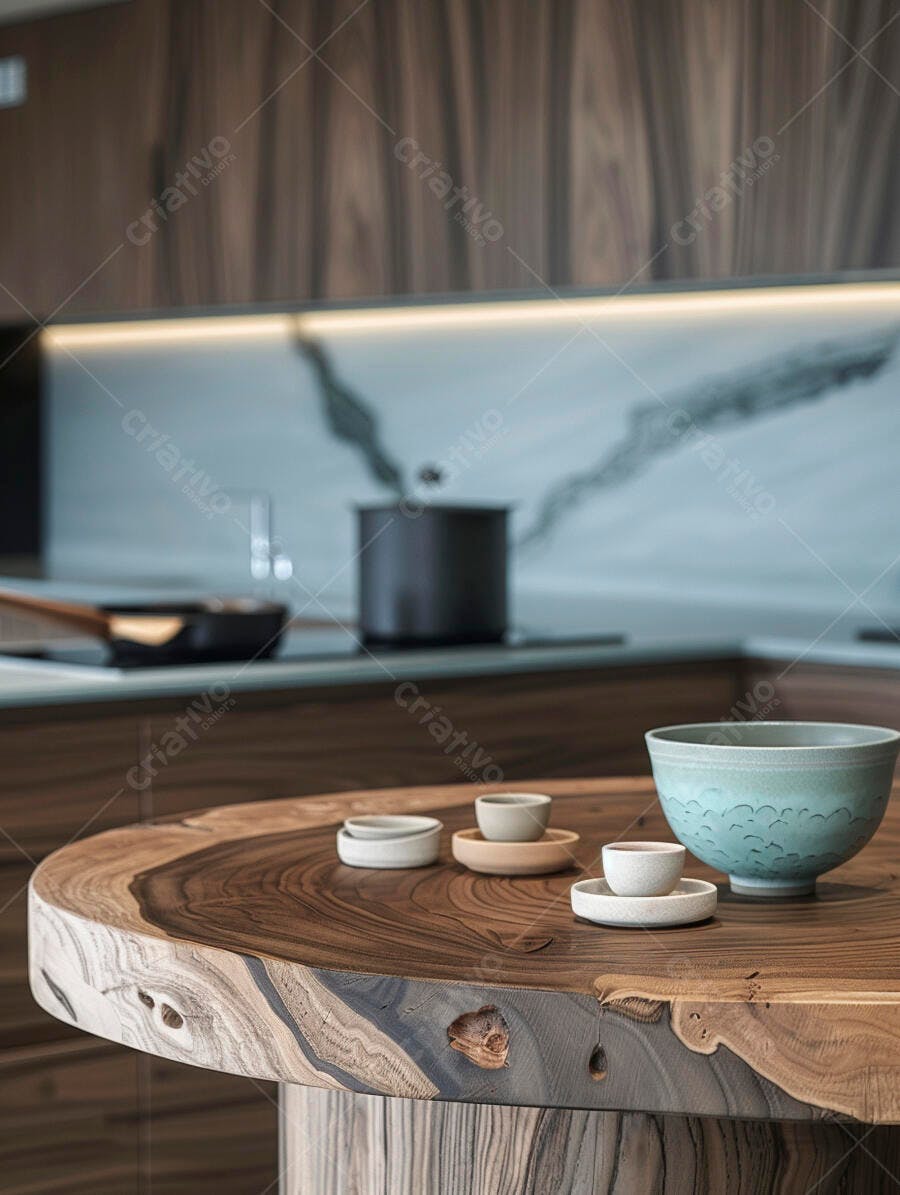 Mesa de madeira natural em cozinha moderna com utensílios de cerâmica