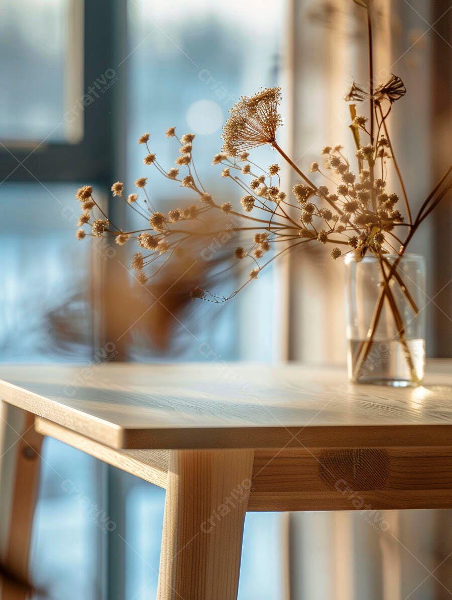 Flores secas decorativas em vaso de vidro sobre mesa de madeira clara com luz solar