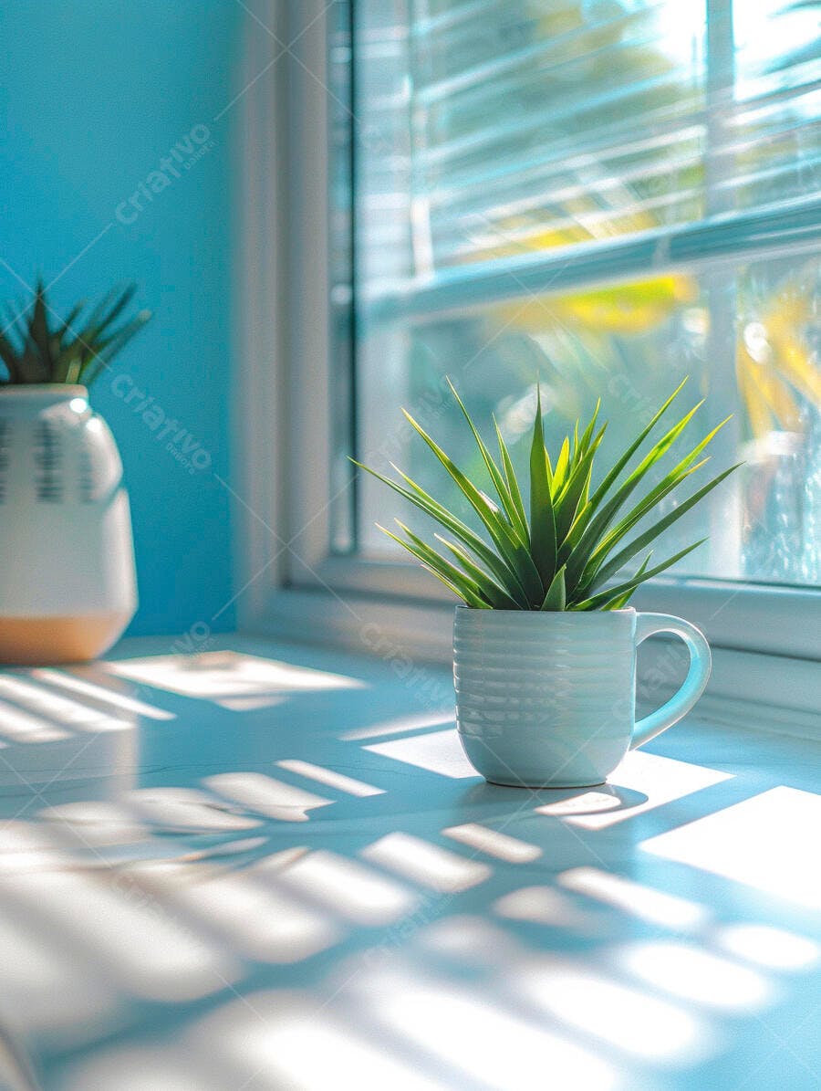 Planta verde em caneca branca na janela com luz solar