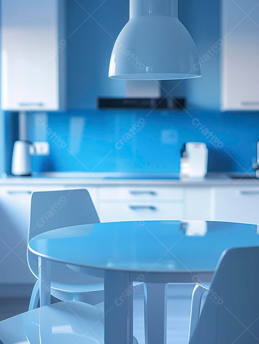 Mesa de jantar redonda em cozinha moderna com armários brancos e backsplash azul