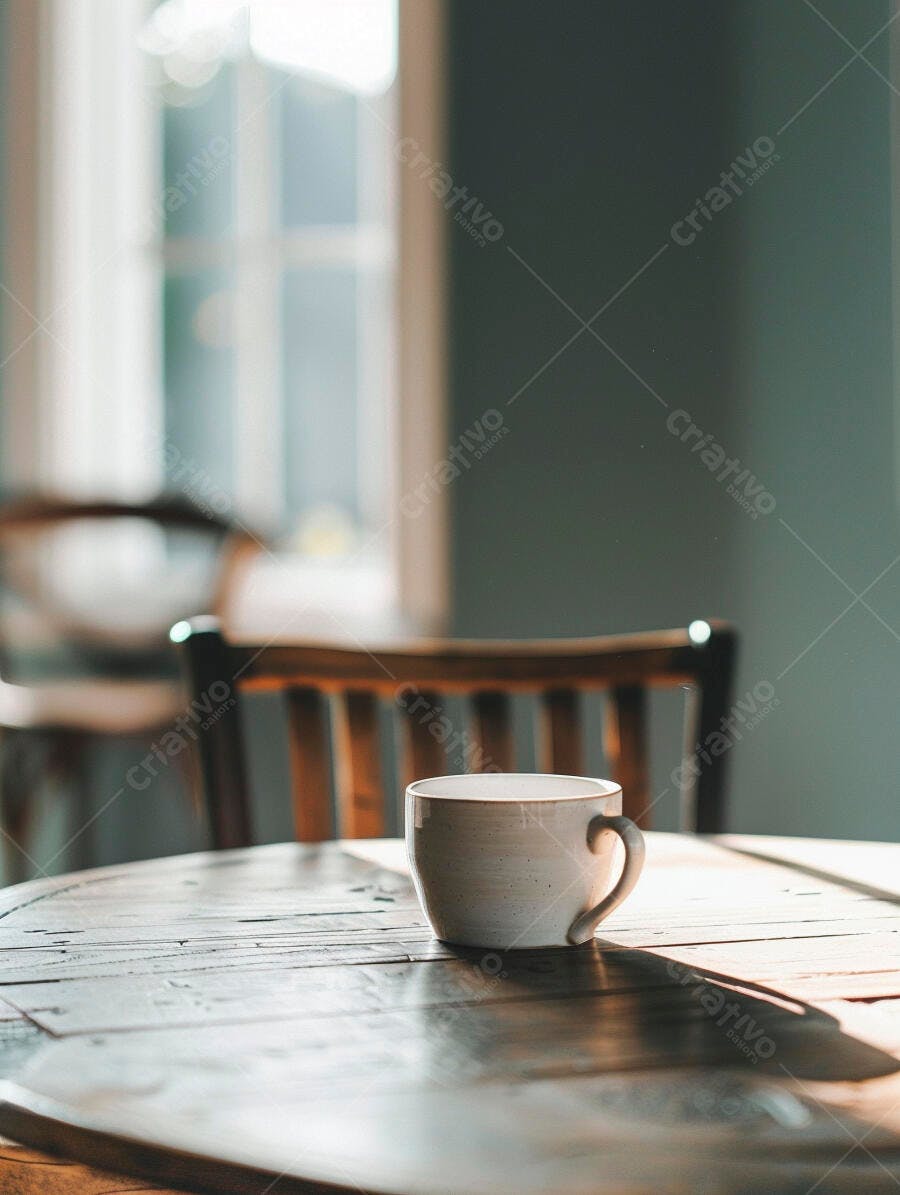 Caneca de cerâmica sobre mesa de madeira rústica com luz da janela