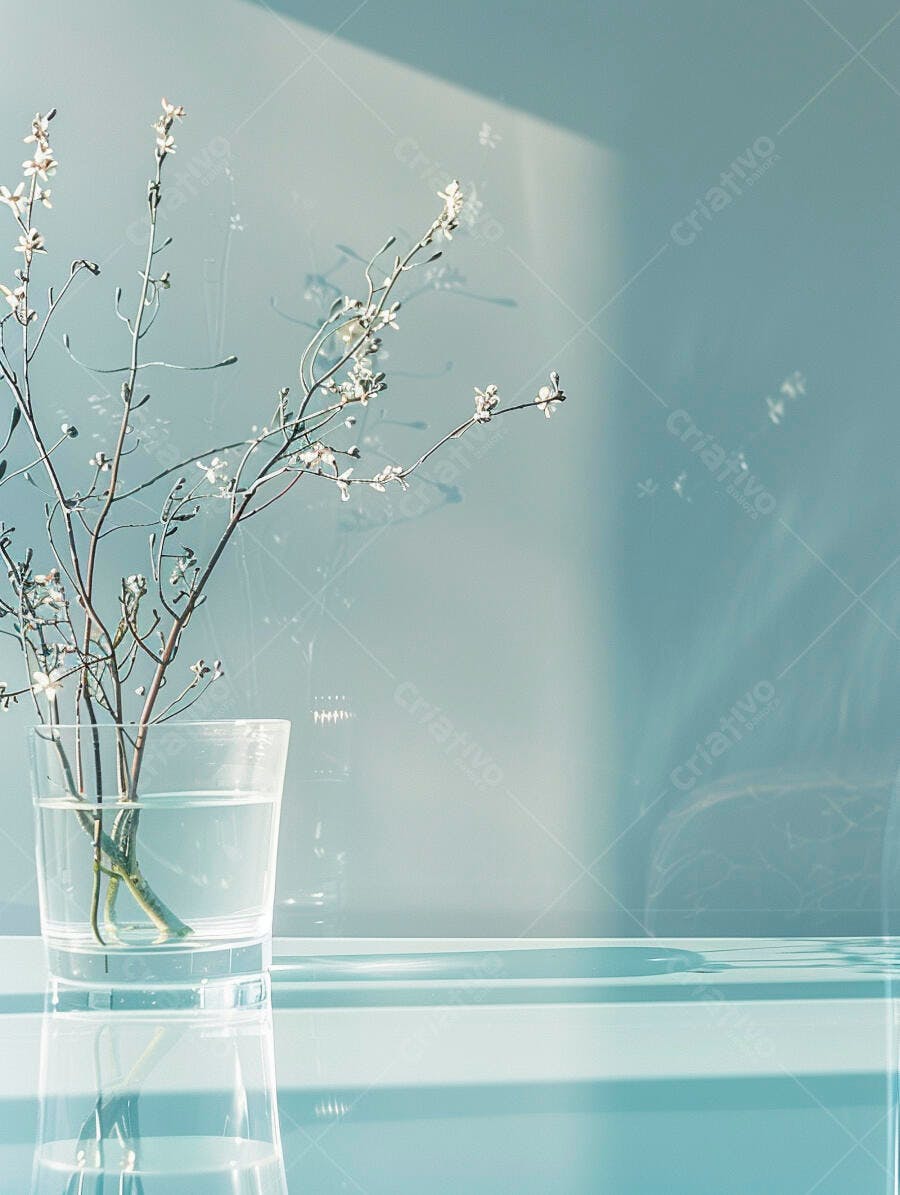 Galho florido branco em vaso de vidro minimalista azul claro