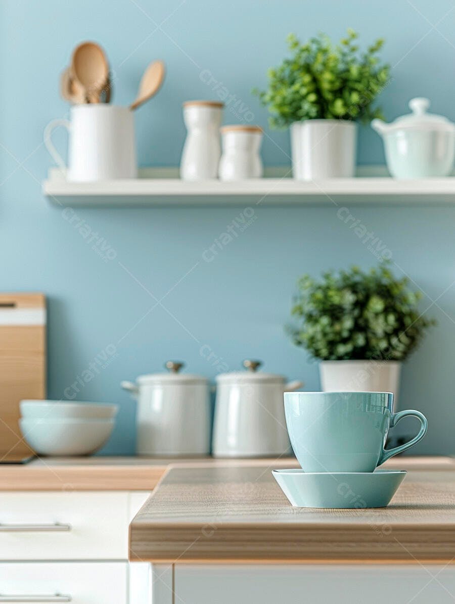 Caneca azul clara e decoração de cozinha em tons pastel e madeira