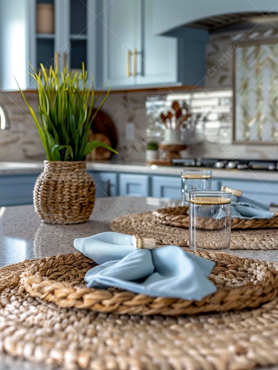 Mesa posta elegante em cozinha moderna azul e bege com elementos naturais