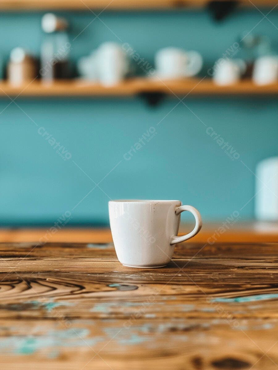 Caneca branca de café em mesa de madeira rústica com fundo azul desfocado