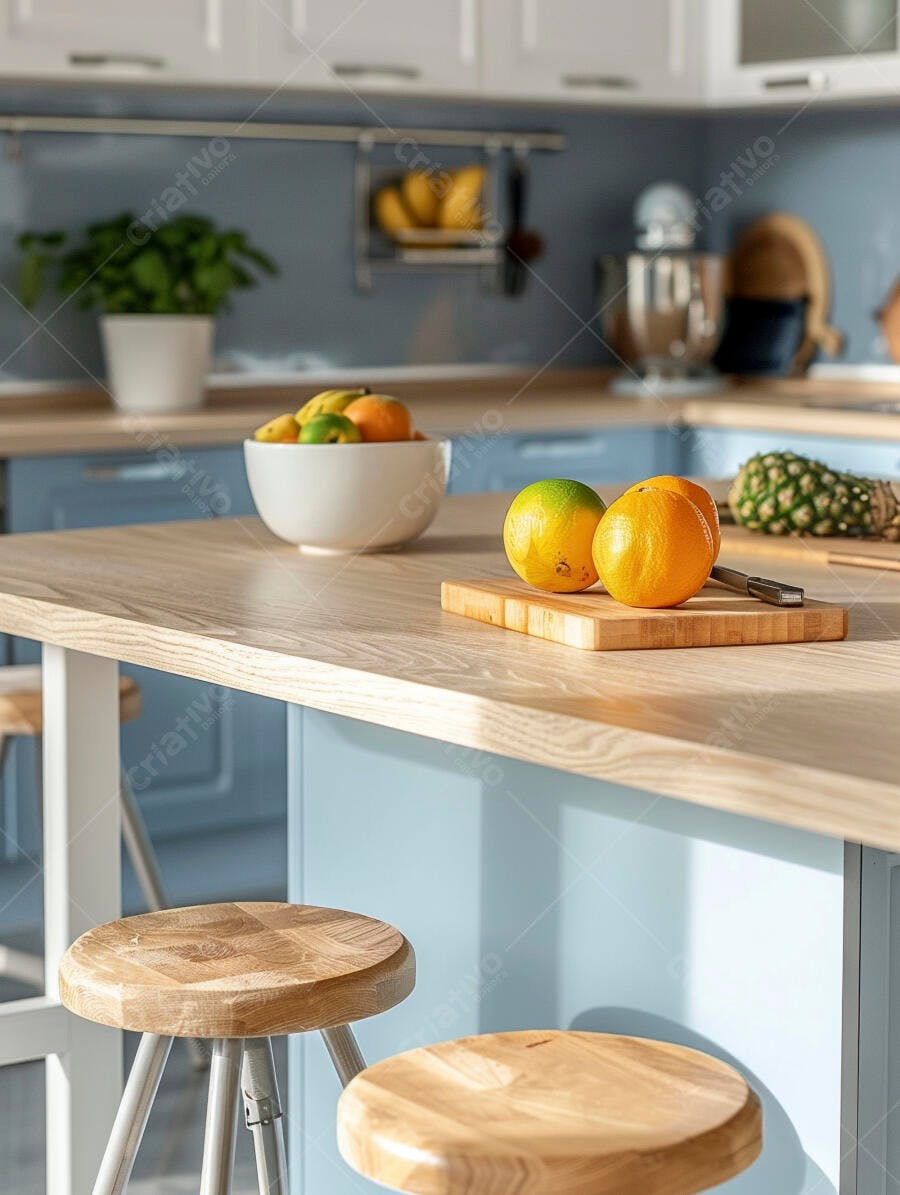 Frutas frescas em bancada de cozinha moderna azul e branca