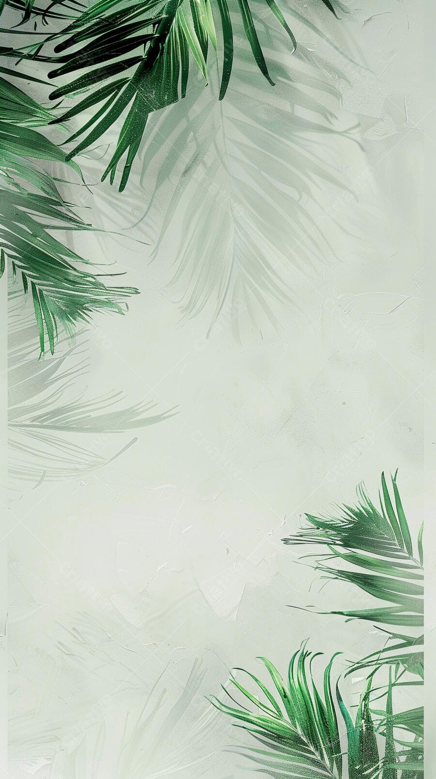 Folhas de palmeira verdes em fundo texturizado claro com sombras tropicais
