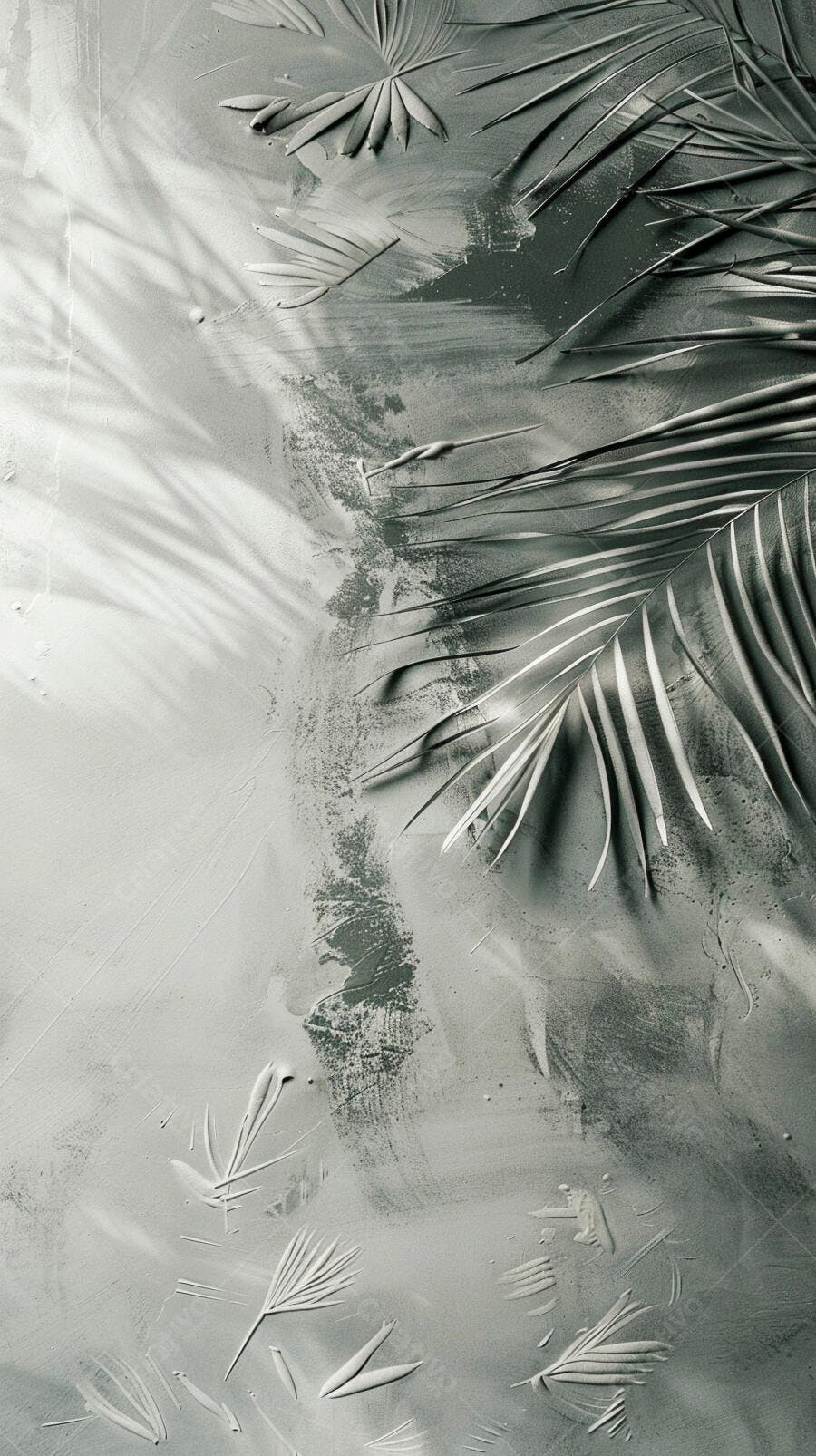 Textura abstrata cinza com relevo de folhas de palmeira e sombras naturais