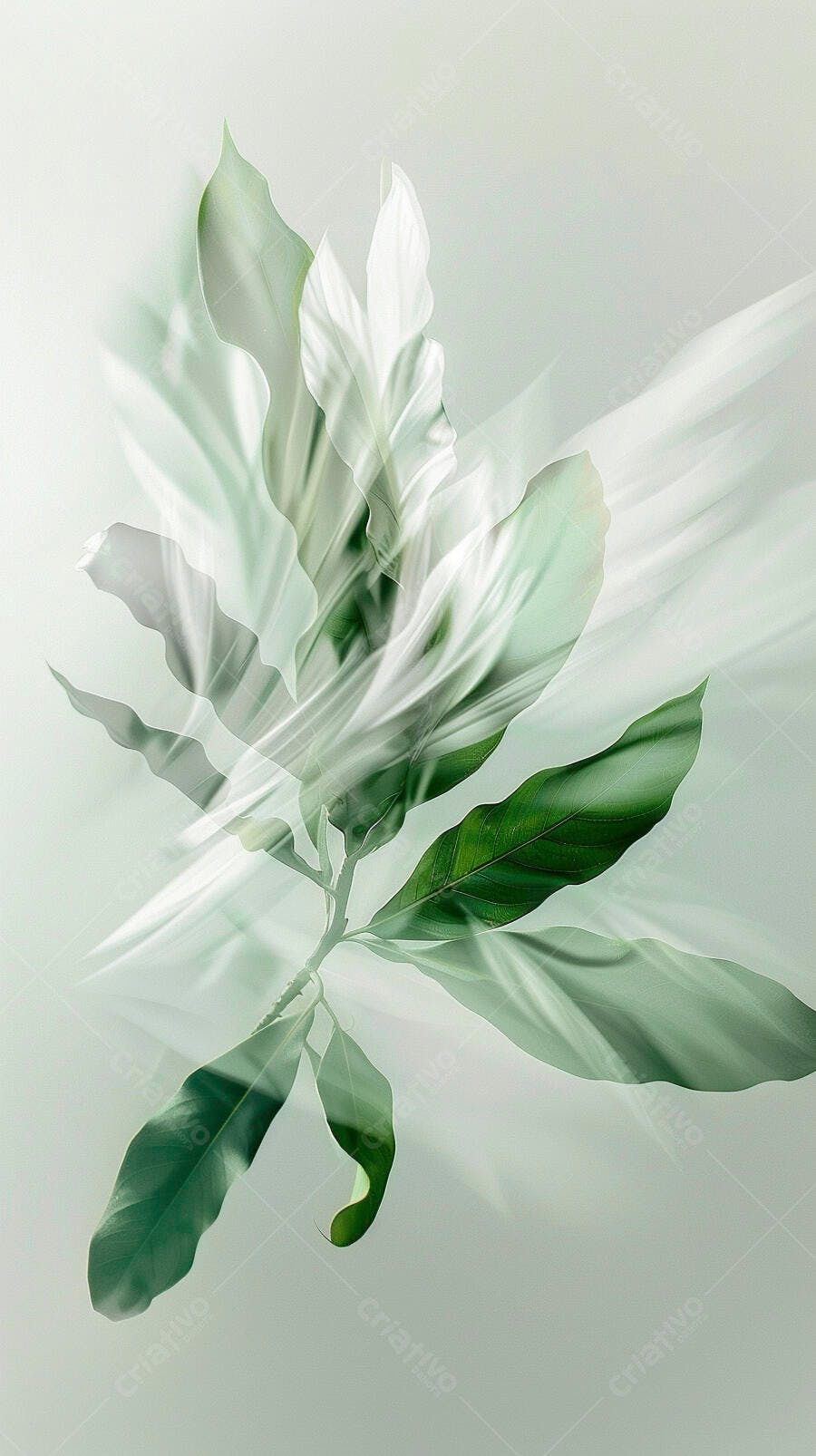 Folhas verdes e brancas em movimento suave sobre fundo abstrato claro