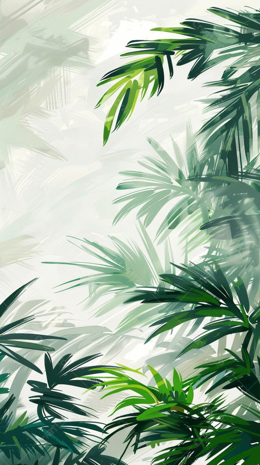 Folhas tropicais verdes em pinceladas artísticas de natureza vibrante