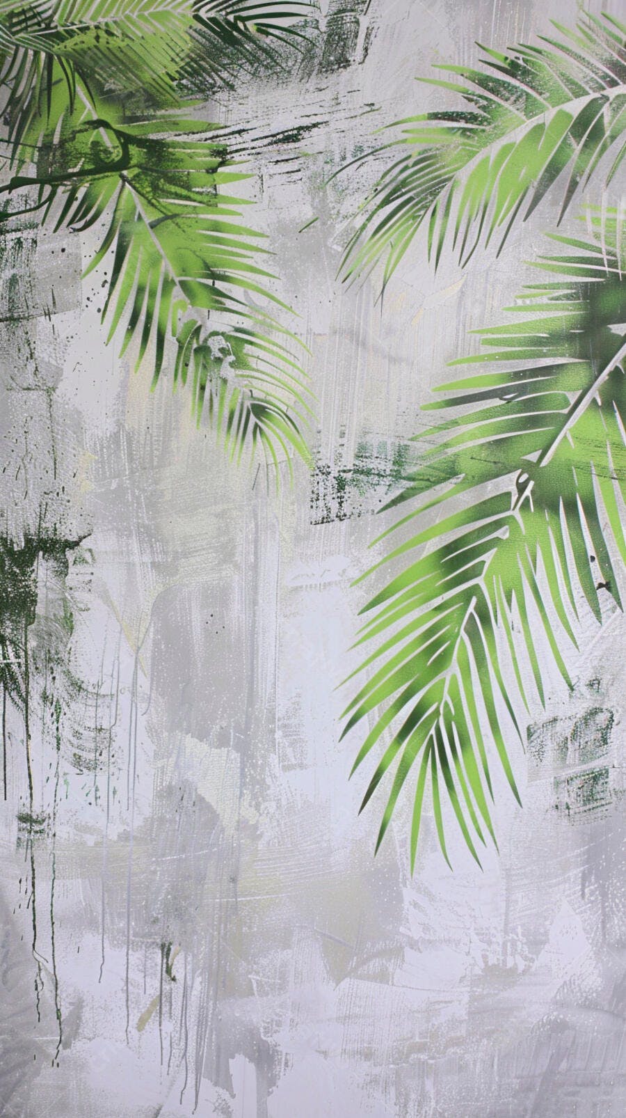Folhas de palmeira tropicais em parede abstrata cinza e verde