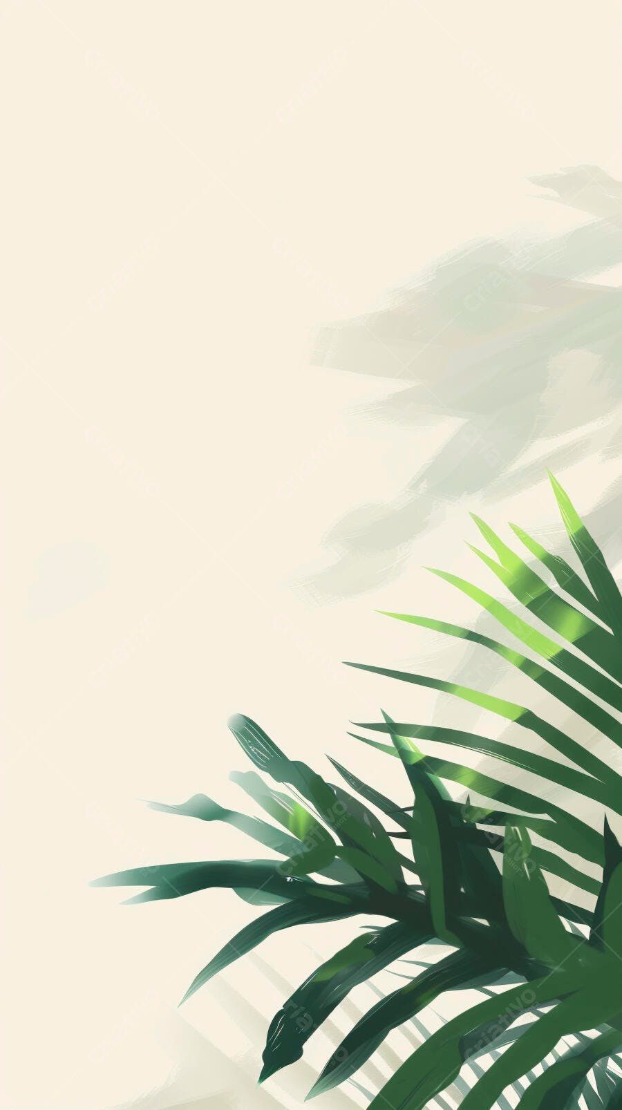 Folhas verdes tropicais com sombras suaves em fundo creme claro