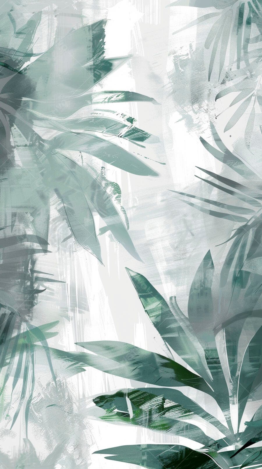 Folhagem tropical abstrata verde e cinza com pinceladas artísticas modernas
