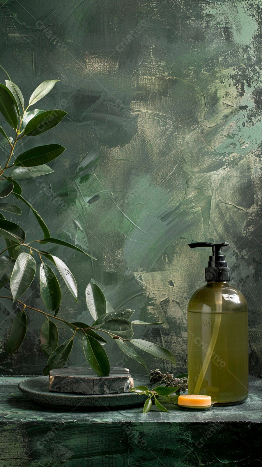 Skincare natural com sabonete líquido e barra verde em fundo rústico folhas escuras