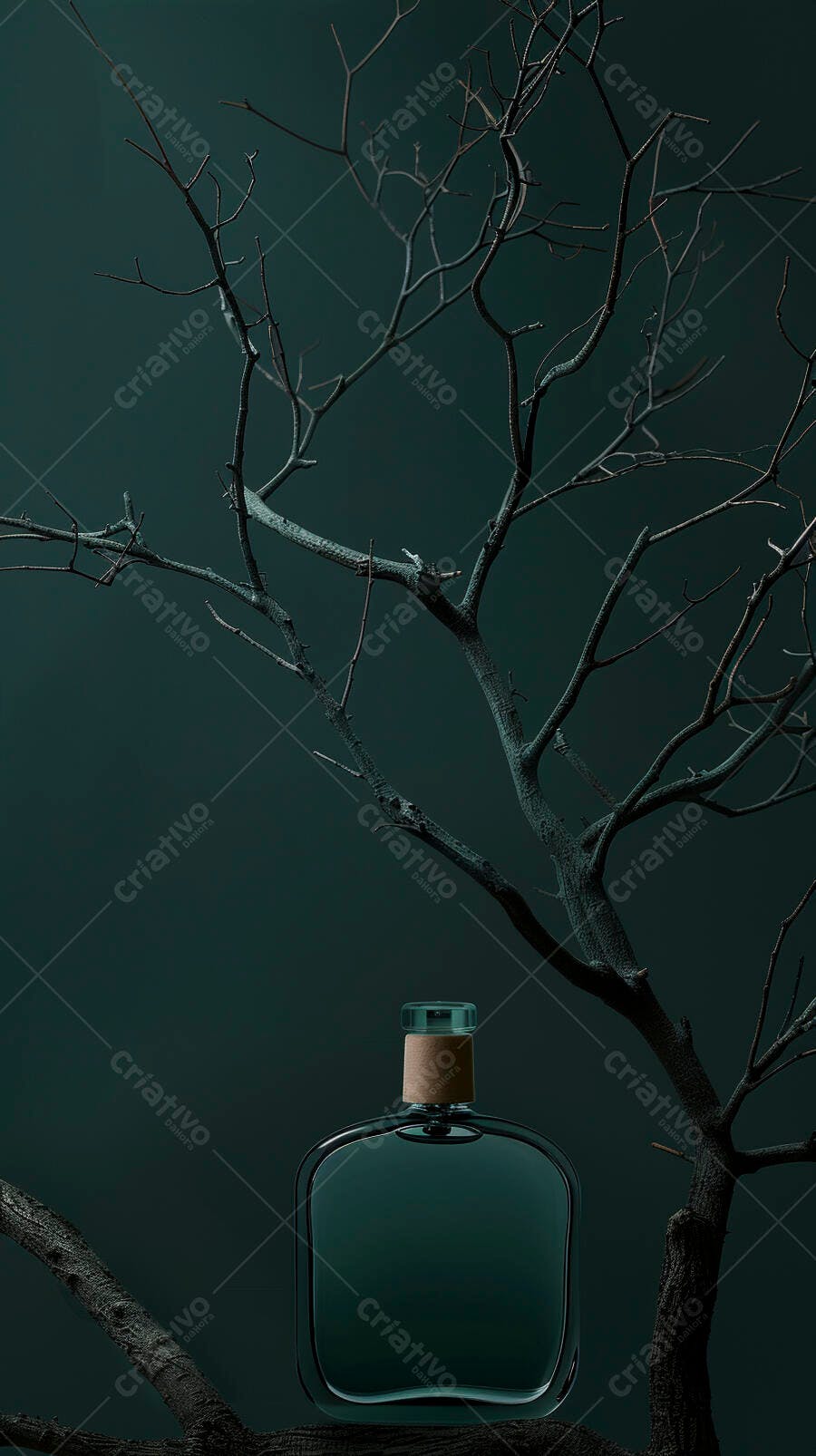 Garrafa de vidro elegante com rolha de cortiça e galhos secos em fundo teal escuro