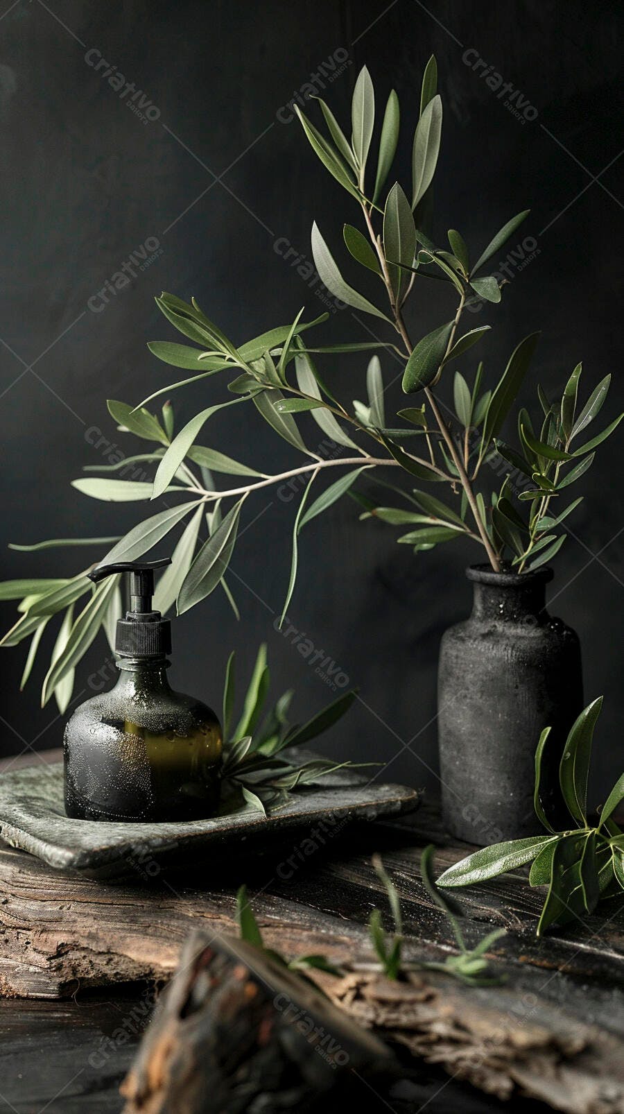 Garrafa pump de vidro verde e ramo de oliveira em vaso escuro sobre madeira rústica