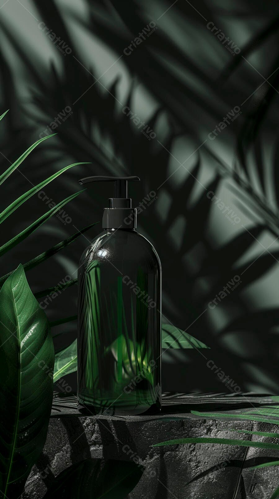 Frasco dispensador escuro com folhas tropicais em fundo sombrio