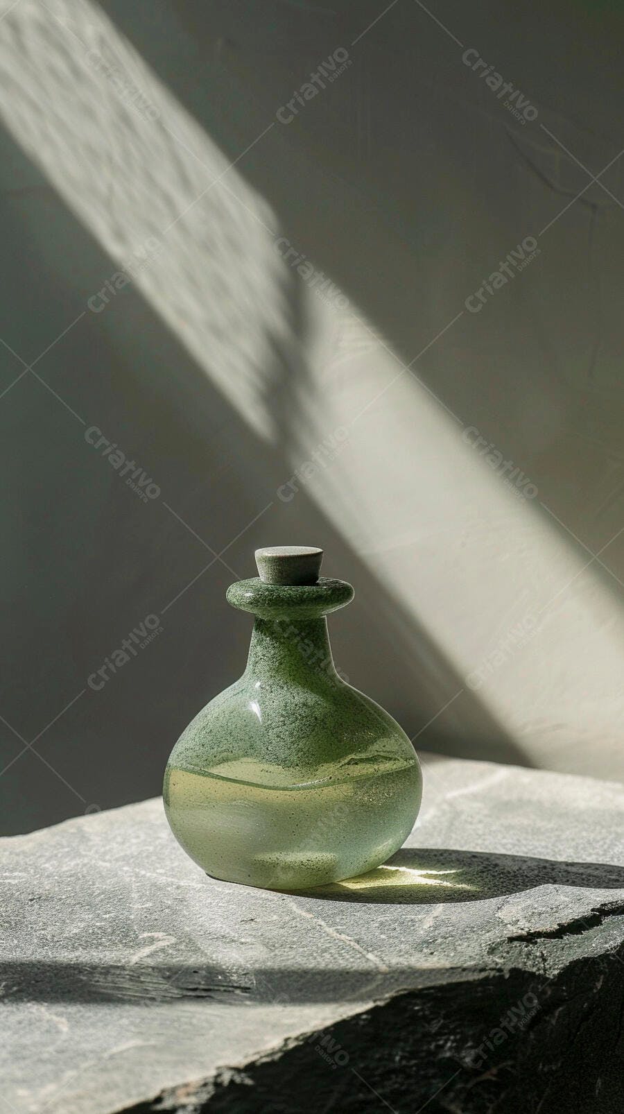 Garrafa de vidro verde com rolha sobre pedra rústica luz natural