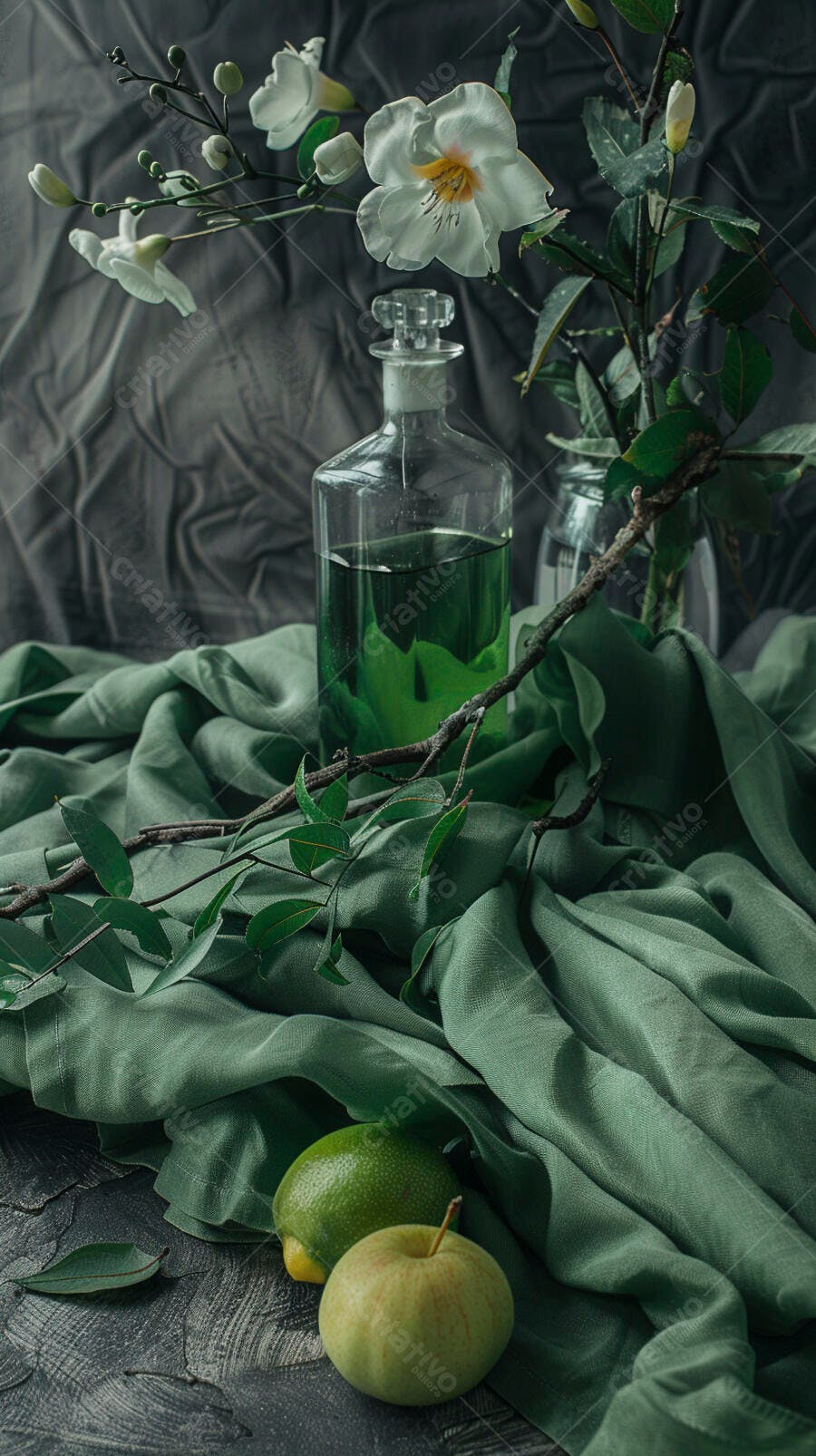 Natureza morta garrafa verde flores brancas e frutas frescas em tons verdes