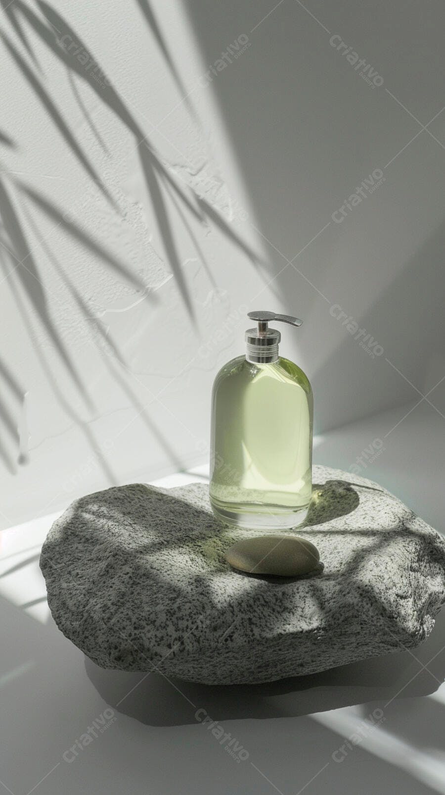 Frasco de sabonete líquido verde em pedra natural com sombras de plantas